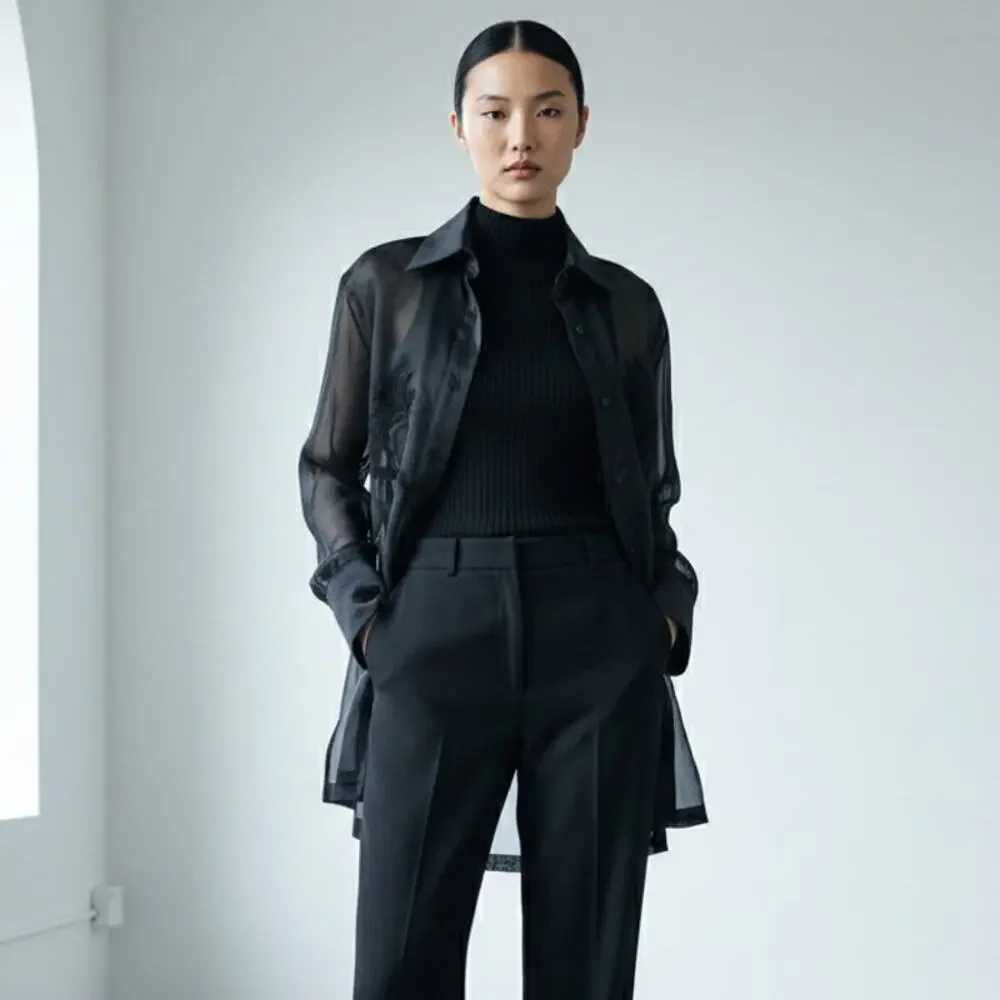 90s vintage black silk minimalist sheer organza emboidered tunic shirt blouse - Picture 9 of 10